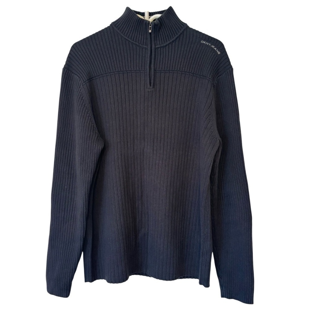 DKNY Jeans Men’s Black Ribbed 1/4 Zip Mock Neck Black Sweater XL 100% Cotton